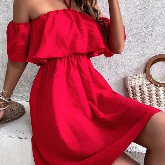 Tie Back Off Shoulder Ruffle Trim Dress - Picture 6 of 9